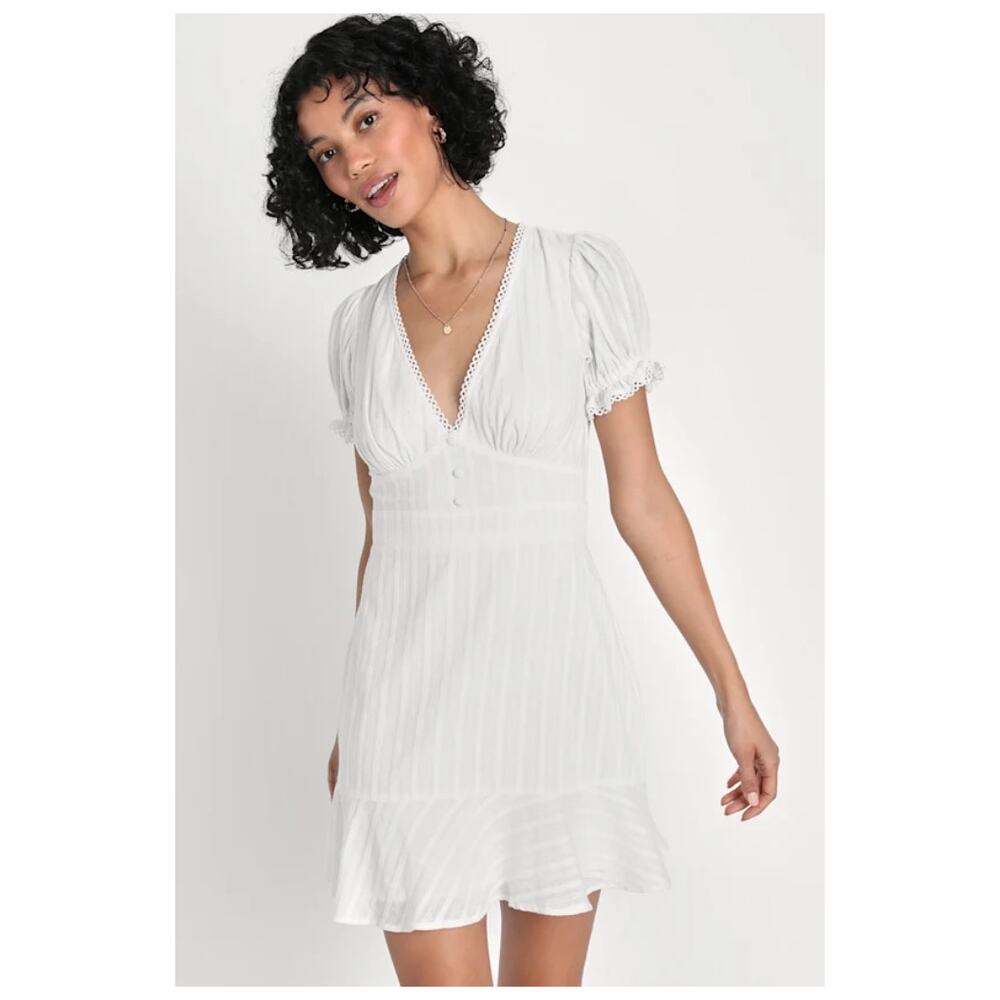 NWT Lulus Vibing in Venice White Ruffled Puff Sleeve Mini Dress Party LWD Sz L